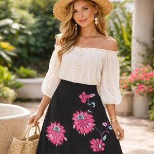 Monsoon Black Corduroy Embroidered Floral A-Line Midi Skirt Womens Size 8